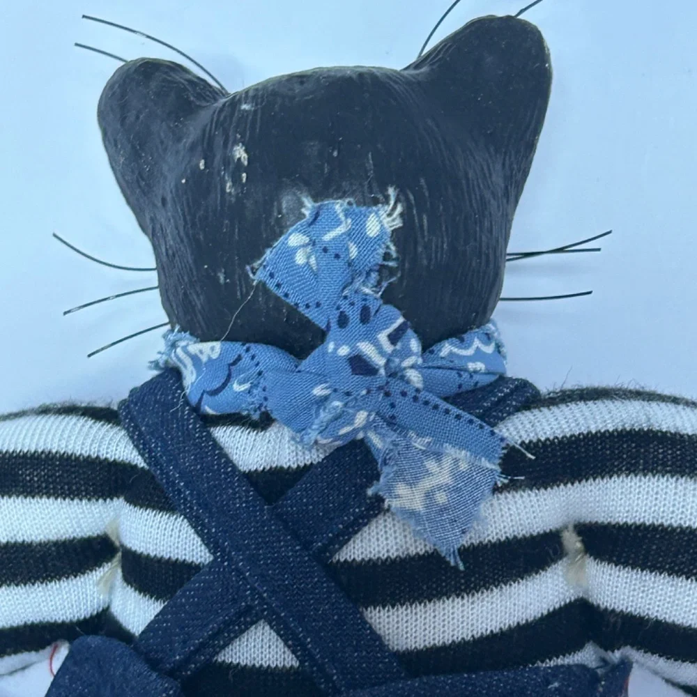 Primitive Looking Black Cat Figurine Handmade Folk Art Doll in‎ Denim Overalls
